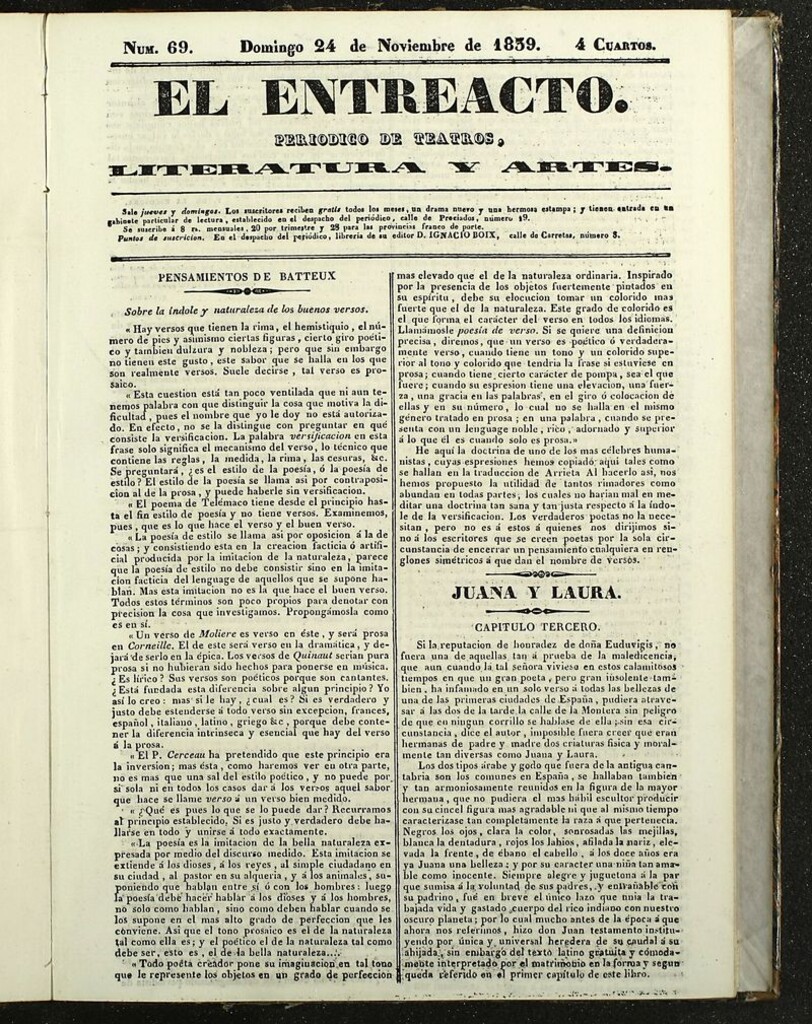 Miniatura de El Entreacto: Periódico de teatro, literatura y artes del 24 de noviembre de 1839