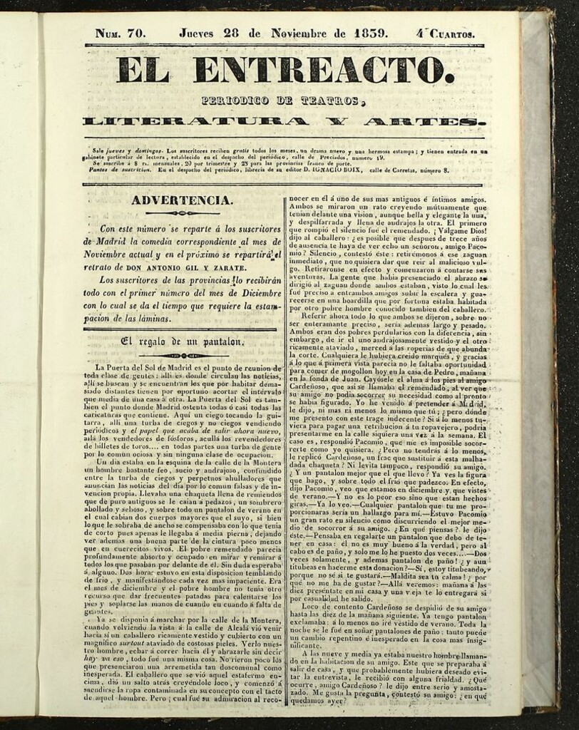 Miniatura de El Entreacto: Periódico de teatro, literatura y artes del 28 de noviembre de 1839