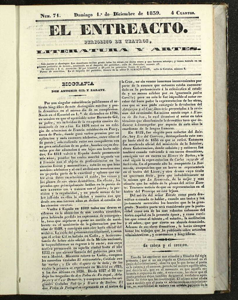 Miniatura de El Entreacto: Periódico de teatro, literatura y artes del 1 de diciembre de 1839