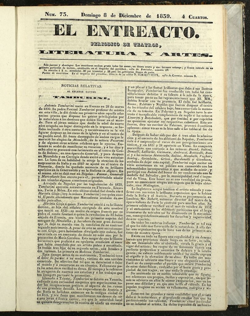 Miniatura de El Entreacto: Periódico de teatro, literatura y artes del 8 de diciembre de 1839