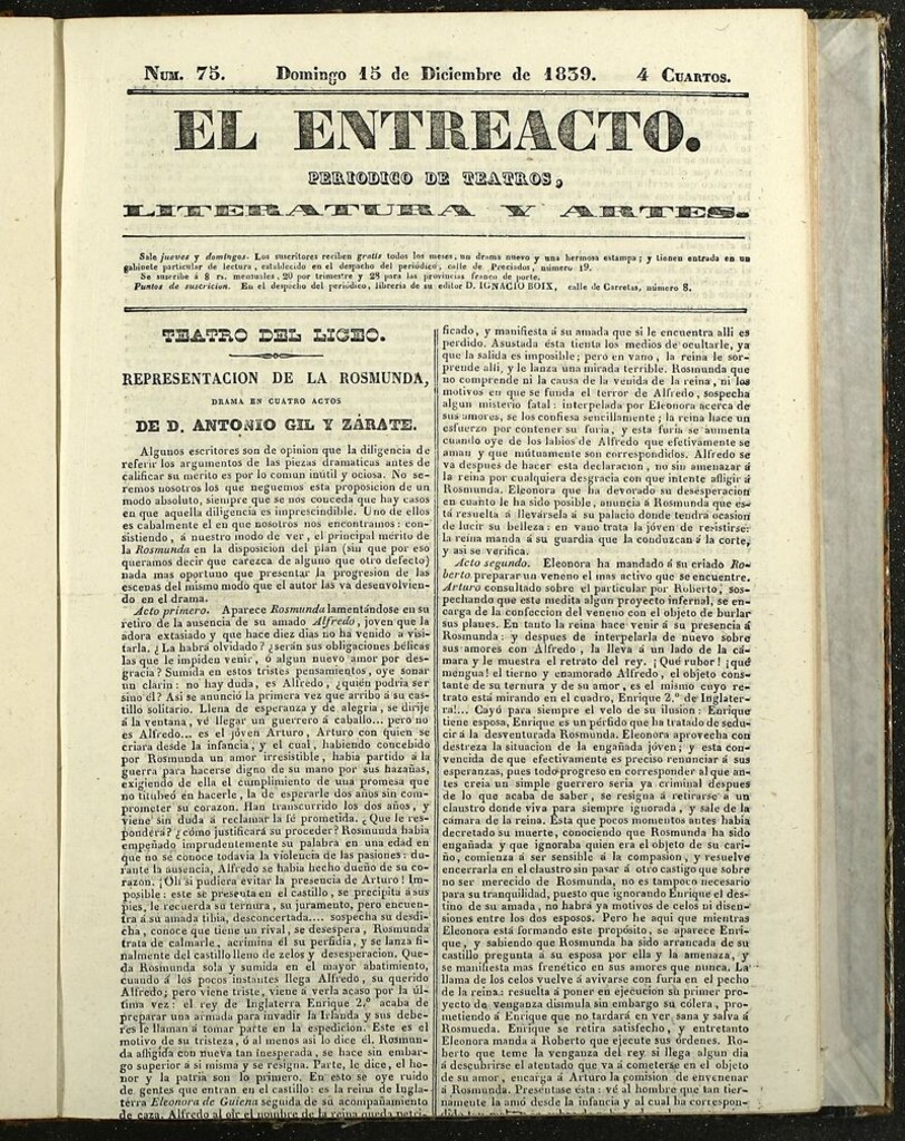 Miniatura de El Entreacto: Periódico de teatro, literatura y artes del 15 de diciembre de 1839