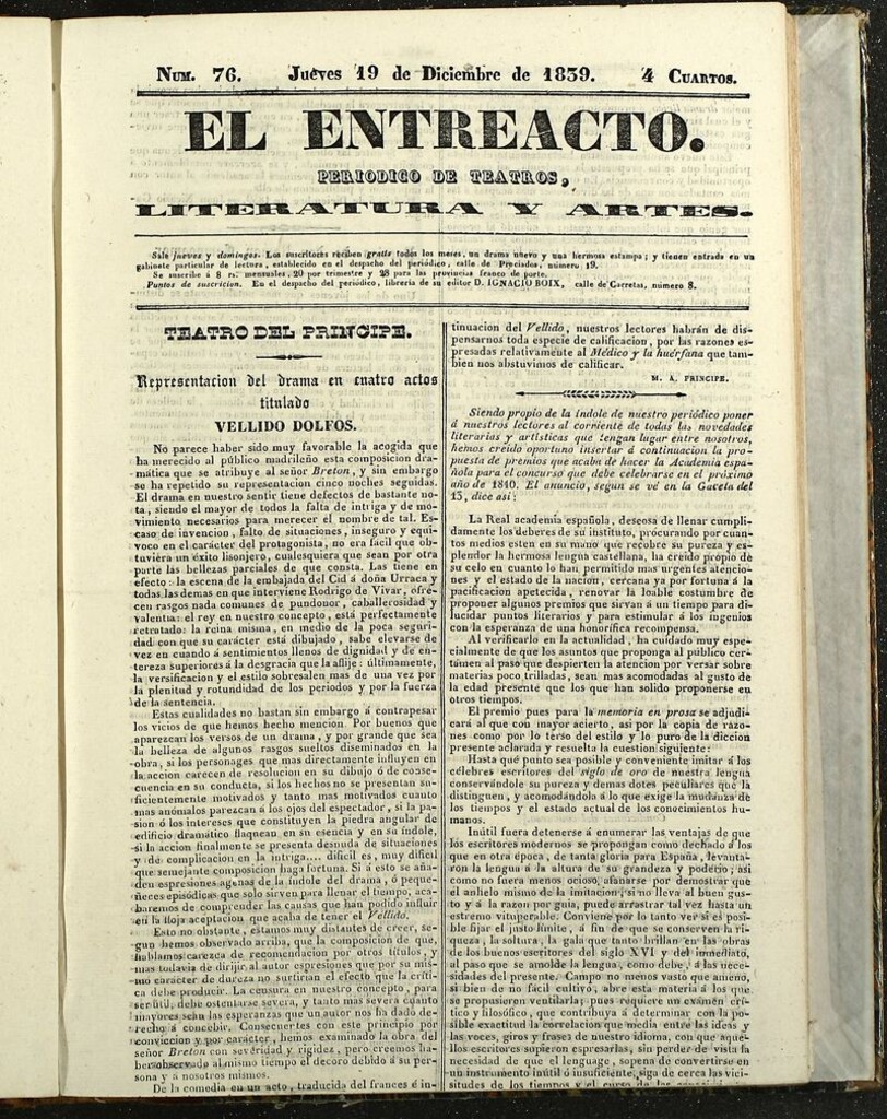 Miniatura de El Entreacto: Periódico de teatro, literatura y artes del 19 de diciembre de 1839