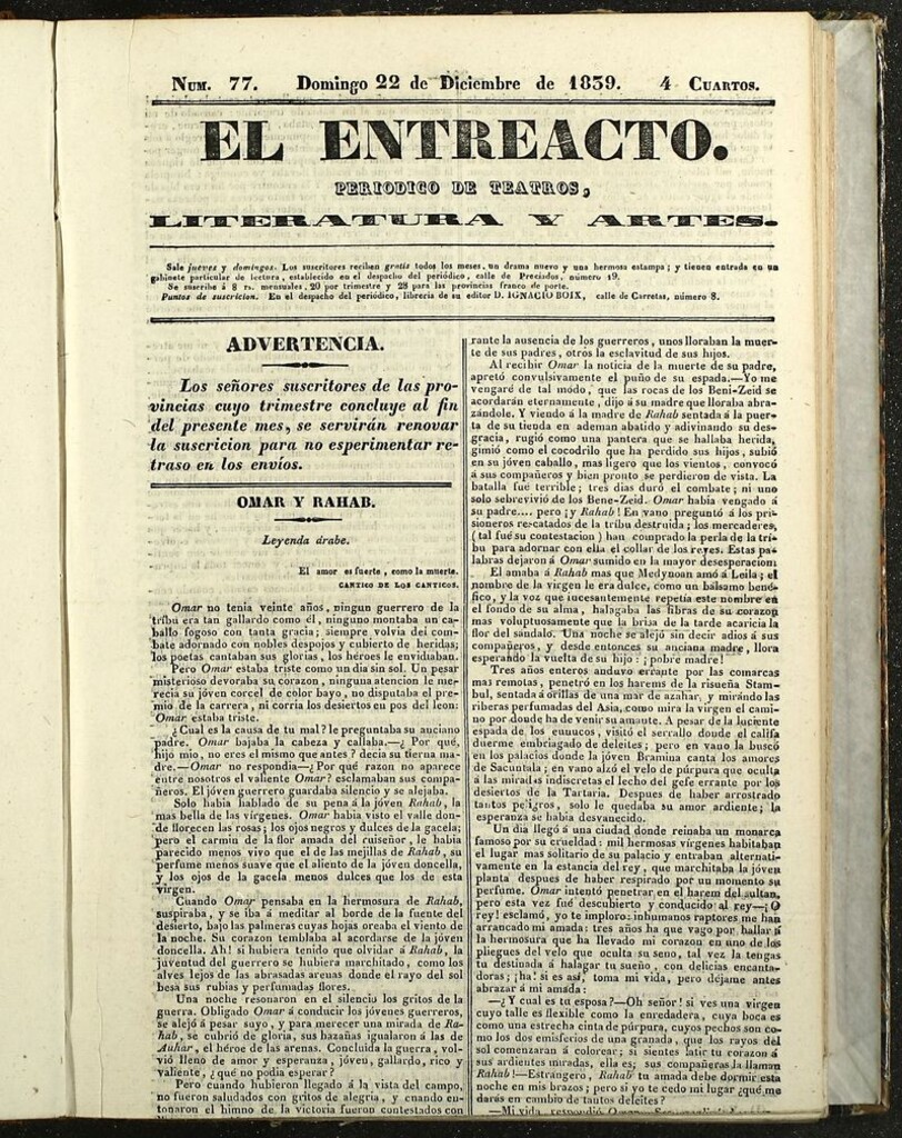 Miniatura de El Entreacto: Periódico de teatro, literatura y artes del 22 de diciembre de 1839