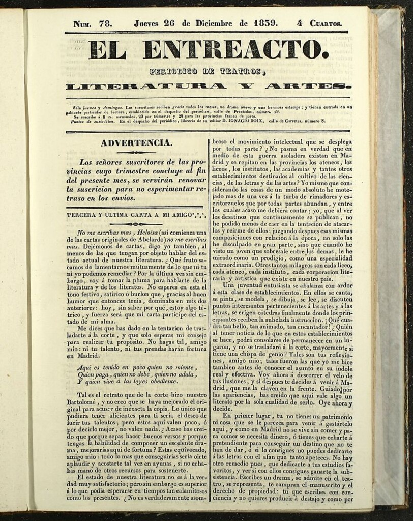 Miniatura de El Entreacto: Periódico de teatro, literatura y artes del 26 de diciembre de 1839