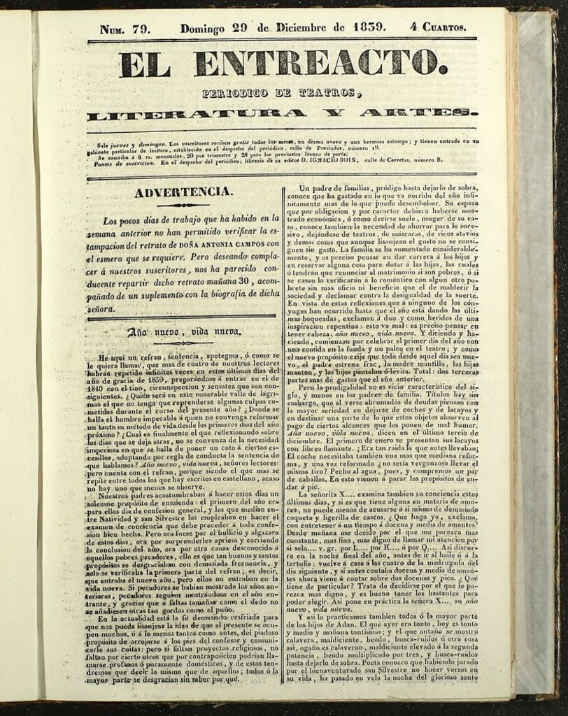 Miniatura de El Entreacto: Periódico de teatro, literatura y artes del 29 de diciembre de 1839