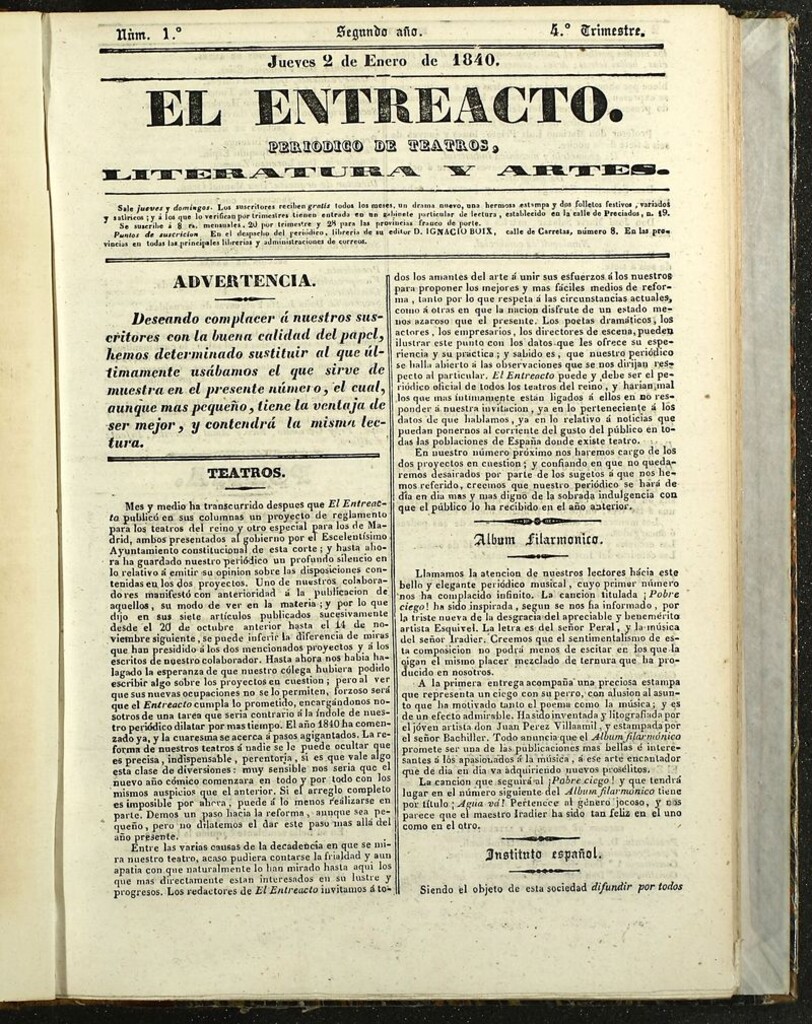 Miniatura de El Entreacto: Periódico de teatro, literatura y artes del 2 de enero de 1840