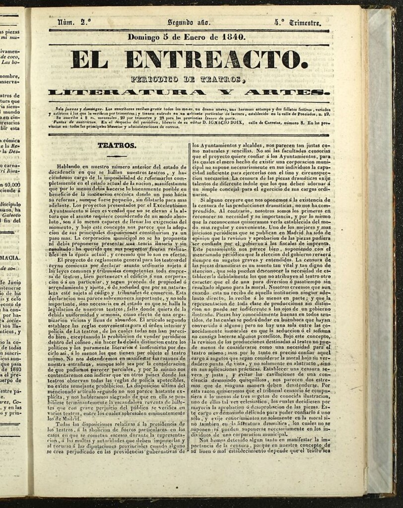 Miniatura de El Entreacto: Periódico de teatro, literatura y artes del 5 de enero de 1840