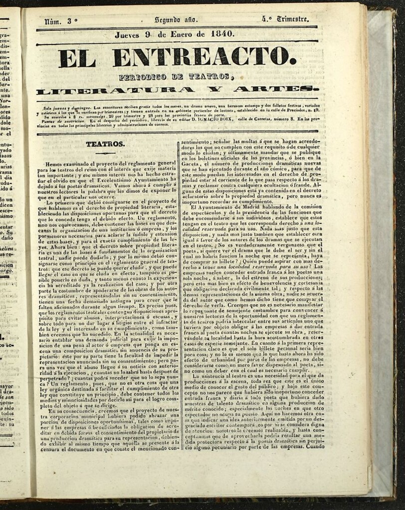Miniatura de El Entreacto: Periódico de teatro, literatura y artes del 9 de enero de 1840