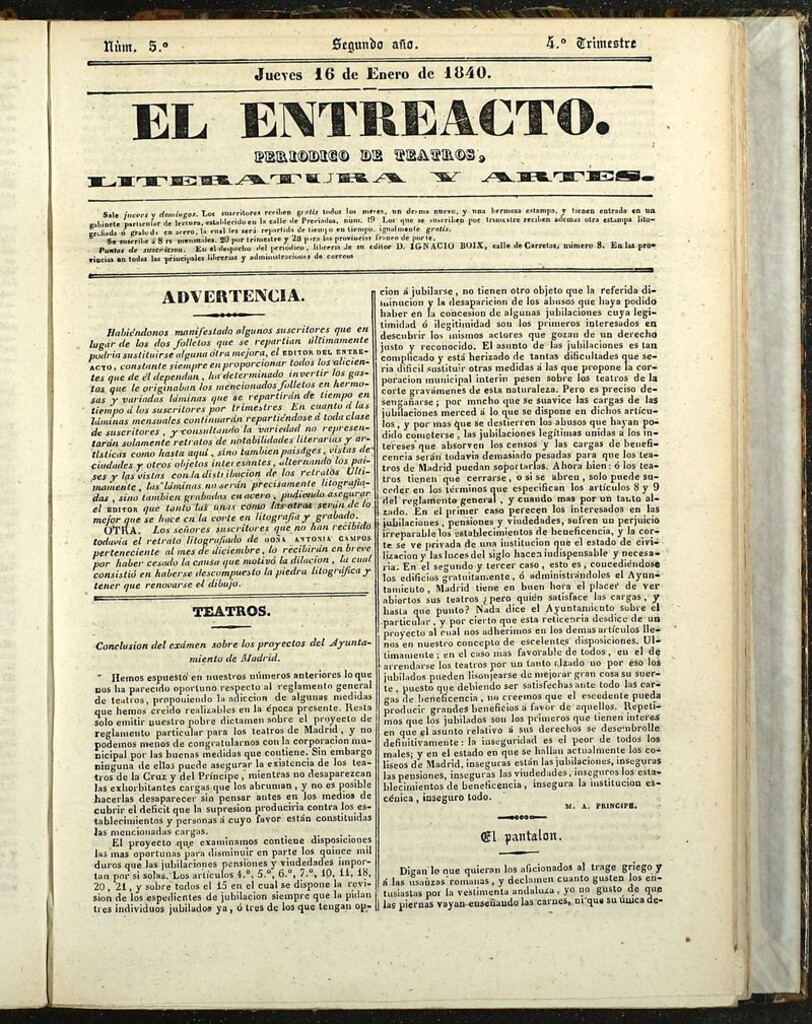 Miniatura de El Entreacto: Periódico de teatro, literatura y artes del 16 de enero de 1840