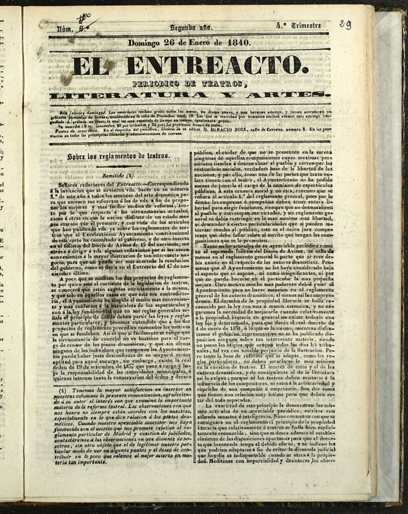 Miniatura de El Entreacto: Periódico de teatro, literatura y artes del 26 de enero de 1840