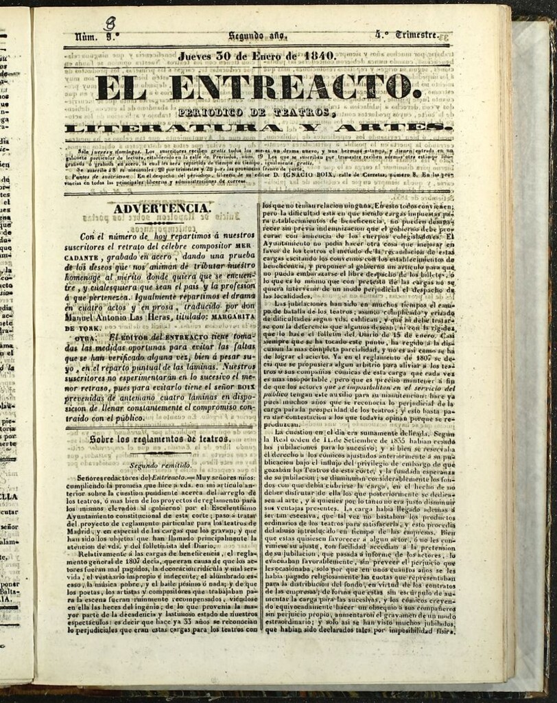 Miniatura de El Entreacto: Periódico de teatro, literatura y artes del 30 de enero de 1840