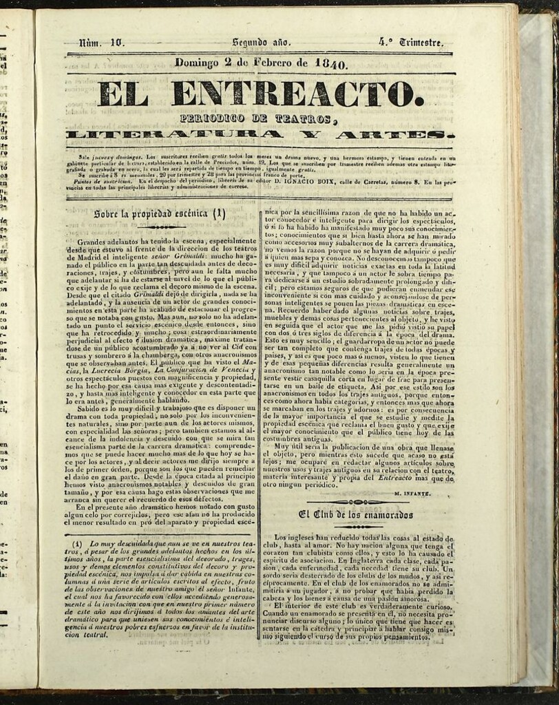 Miniatura de El Entreacto: Periódico de teatro, literatura y artes del 2 de febrero de 1840