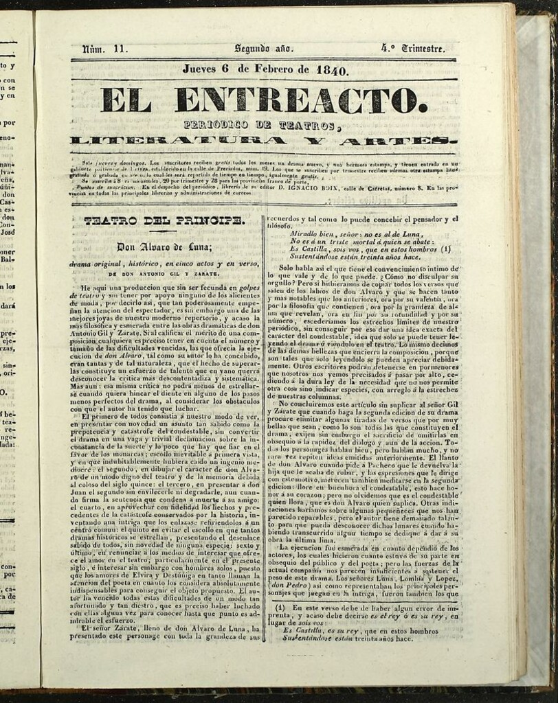 Miniatura de El Entreacto: Periódico de teatro, literatura y artes del 6 de febrero de 1840