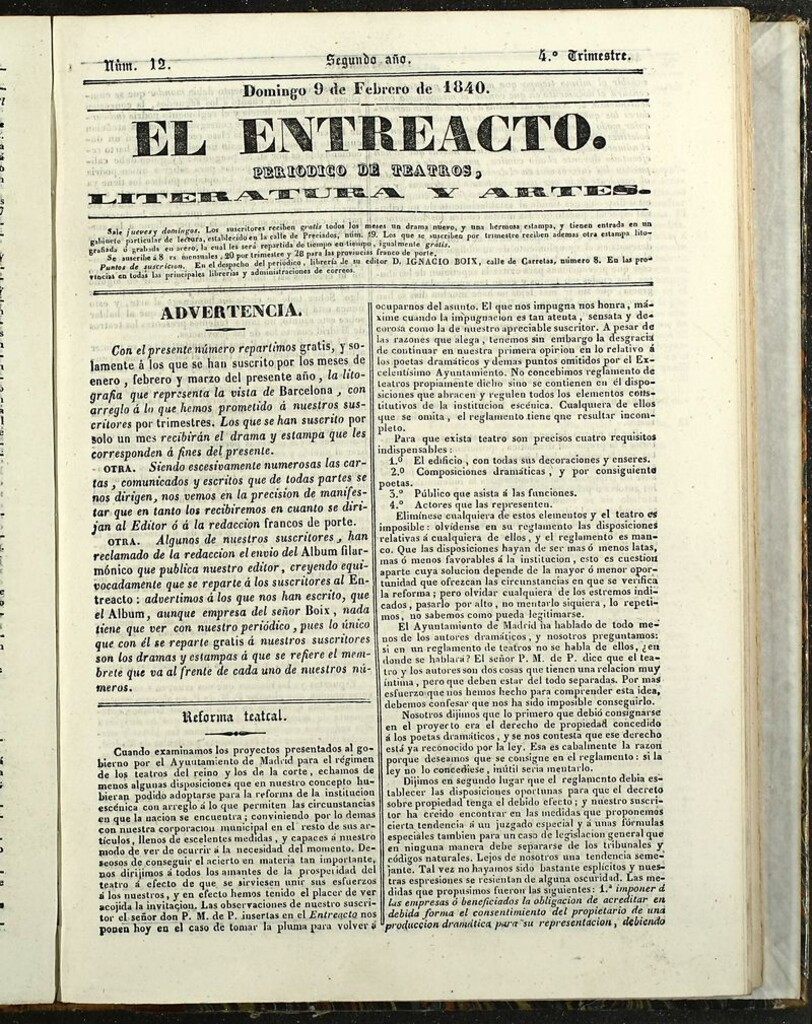 Miniatura de El Entreacto: Periódico de teatro, literatura y artes del 9 de febrero de 1840