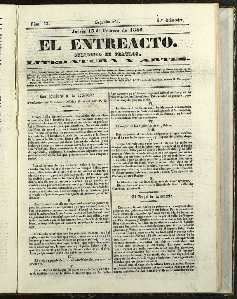Miniatura de El Entreacto: Periódico de teatro, literatura y artes del 13 de febrero de 1840
