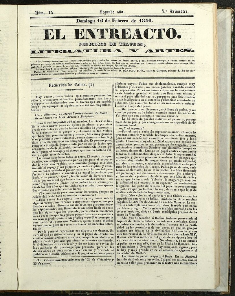 Miniatura de El Entreacto: Periódico de teatro, literatura y artes del 16 de febrero de 1840