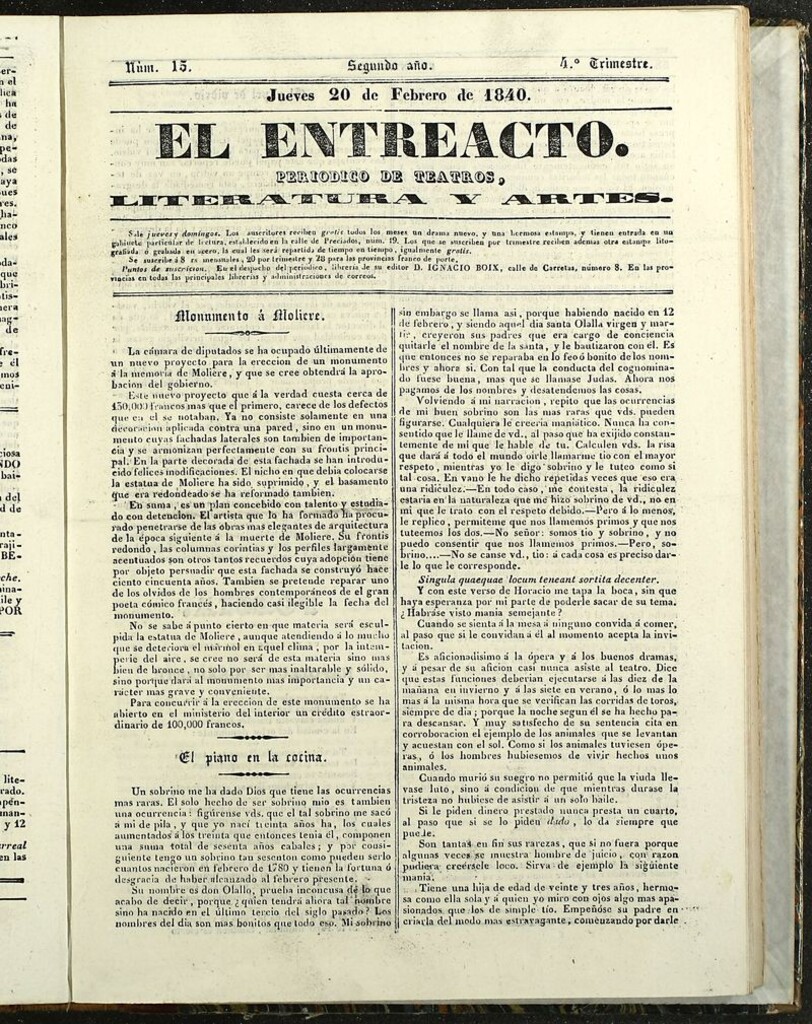 Miniatura de El Entreacto: Periódico de teatro, literatura y artes del 20 de febrero de 1840