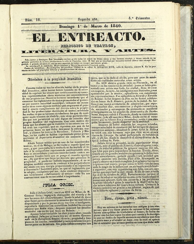 Miniatura de El Entreacto: Periódico de teatro, literatura y artes del 1 de marzo de 1840