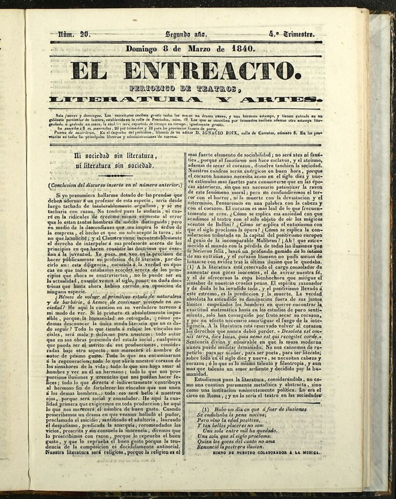 Miniatura de El Entreacto: Periódico de teatro, literatura y artes del 8 de marzo de 1840