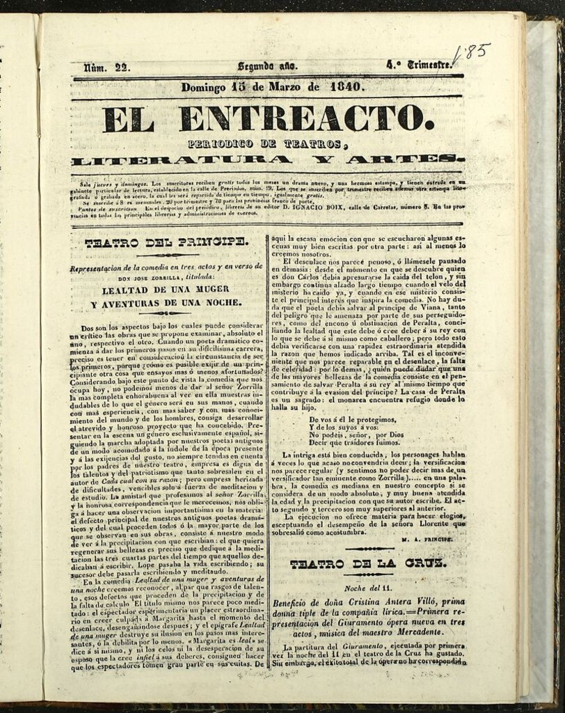 Miniatura de El Entreacto: Periódico de teatro, literatura y artes del 13 de marzo de 1840