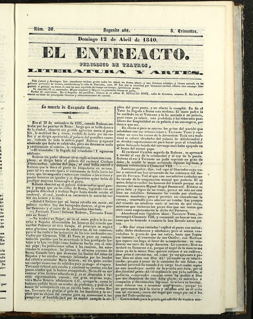 Miniatura de El Entreacto: Periódico de teatro, literatura y artes del 12 de abril de 1840
