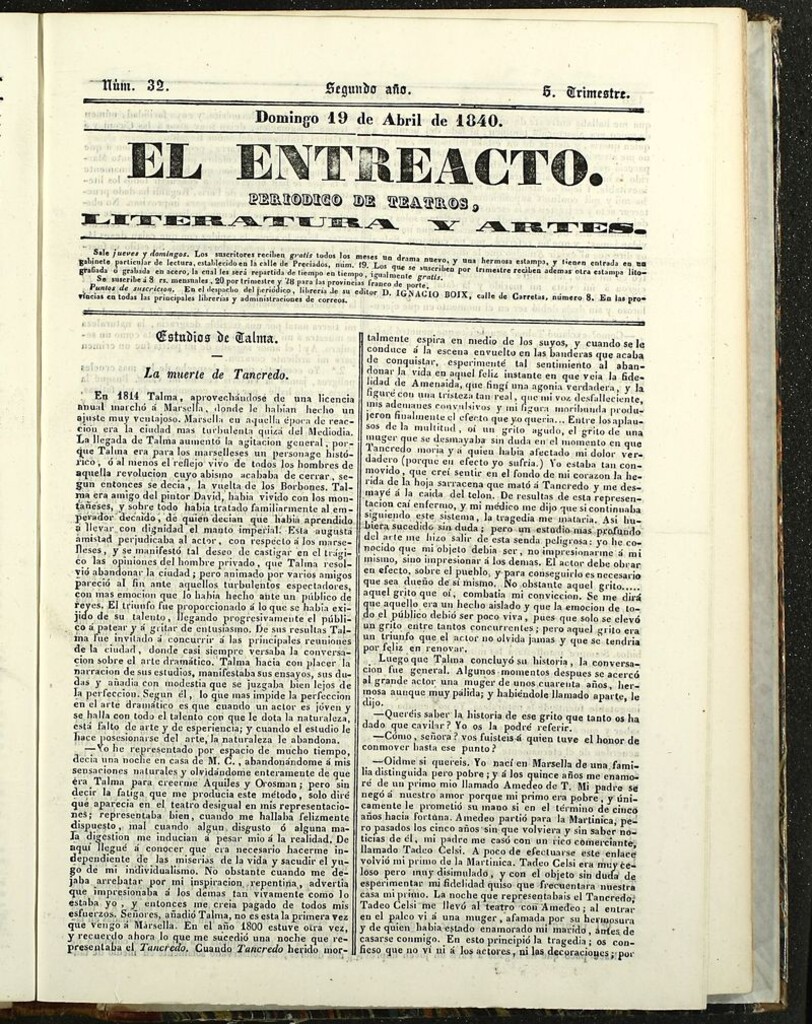 Miniatura de El Entreacto: Periódico de teatro, literatura y artes del 19 de abril de 1840