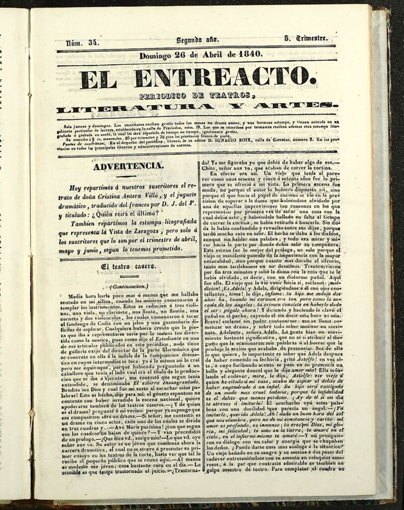 Miniatura de El Entreacto: Periódico de teatro, literatura y artes del 26 de abril de 1840