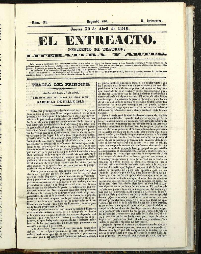 Miniatura de El Entreacto: Periódico de teatro, literatura y artes del 30 de abril de 1840