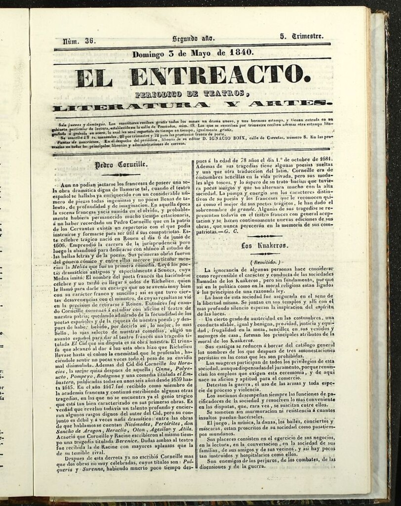 Miniatura de El Entreacto: Periódico de teatro, literatura y artes del 3 de mayo de 1840