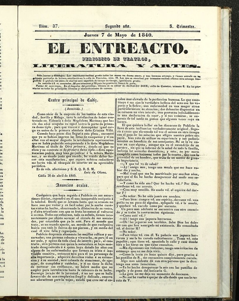 Miniatura de El Entreacto: Periódico de teatro, literatura y artes del 7 de mayo de 1840