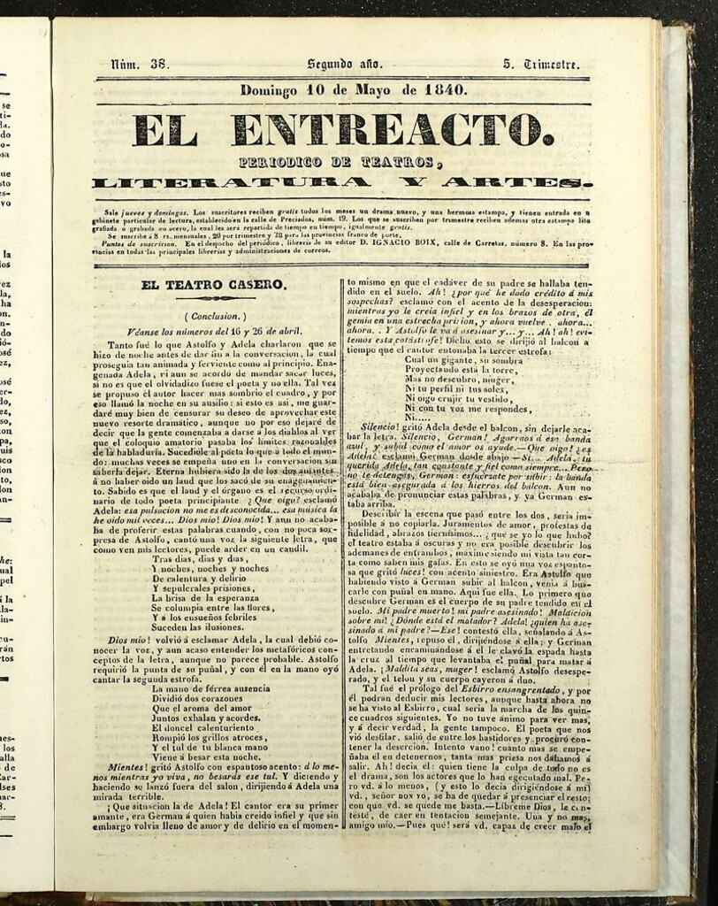 Miniatura de El Entreacto: Periódico de teatro, literatura y artes del 10 de mayo de 1840