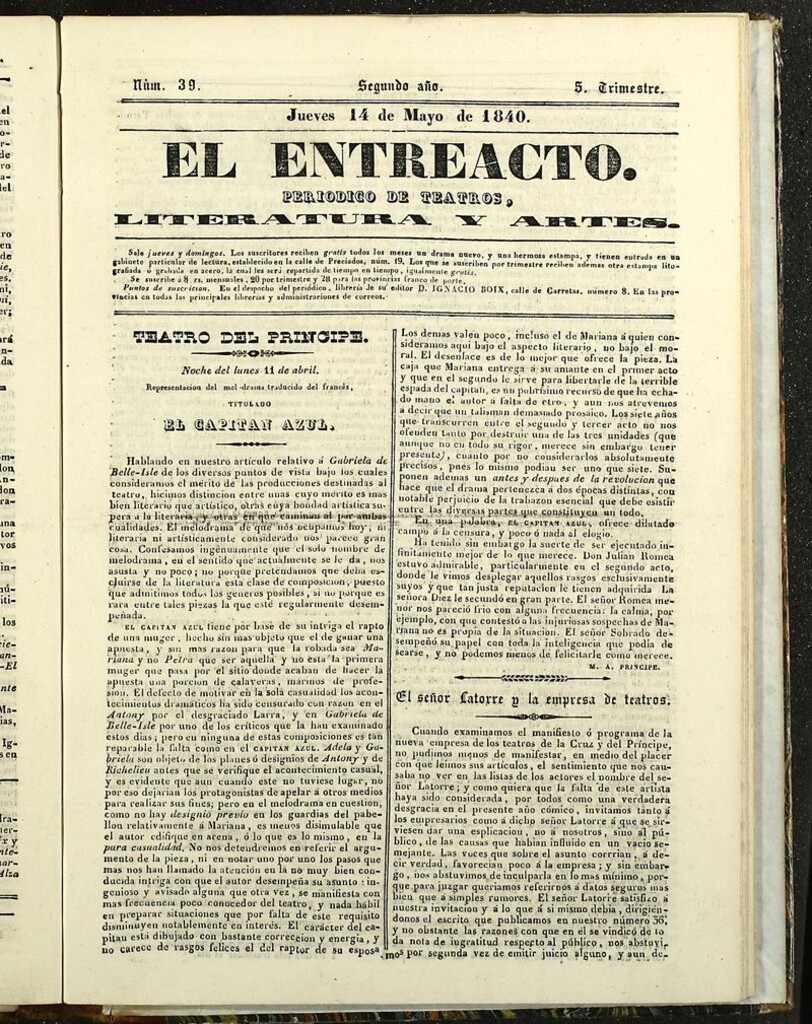 Miniatura de El Entreacto: Periódico de teatro, literatura y artes del 17 de mayo de 1840