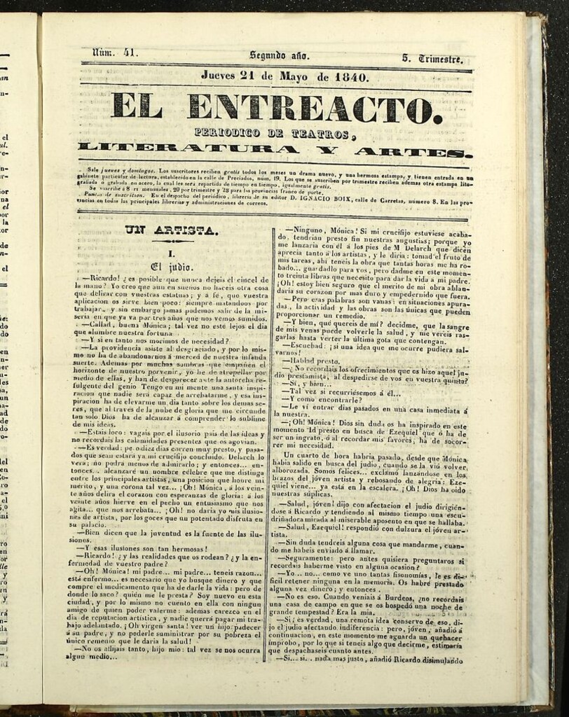 Miniatura de El Entreacto: Periódico de teatro, literatura y artes del 21 de mayo de 1840