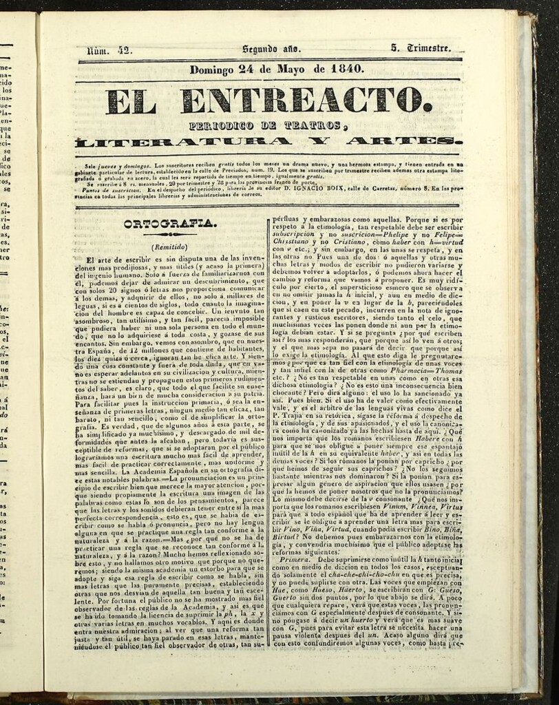 Miniatura de El Entreacto: Periódico de teatro, literatura y artes del 24 de mayo de 1840