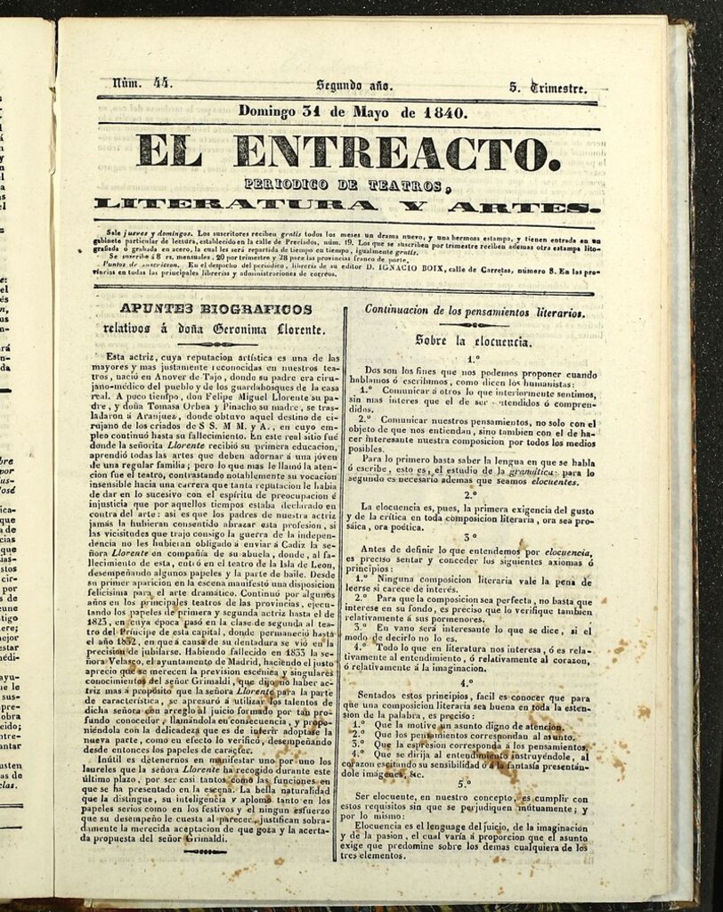 Miniatura de El Entreacto: Periódico de teatro, literatura y artes del 31 de mayo de 1840