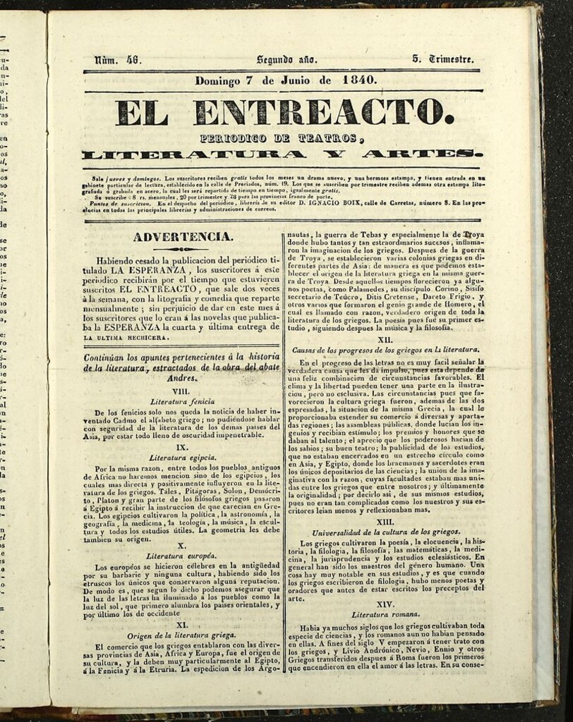 Miniatura de El Entreacto: Periódico de teatro, literatura y artes del 7 de junio de 1840