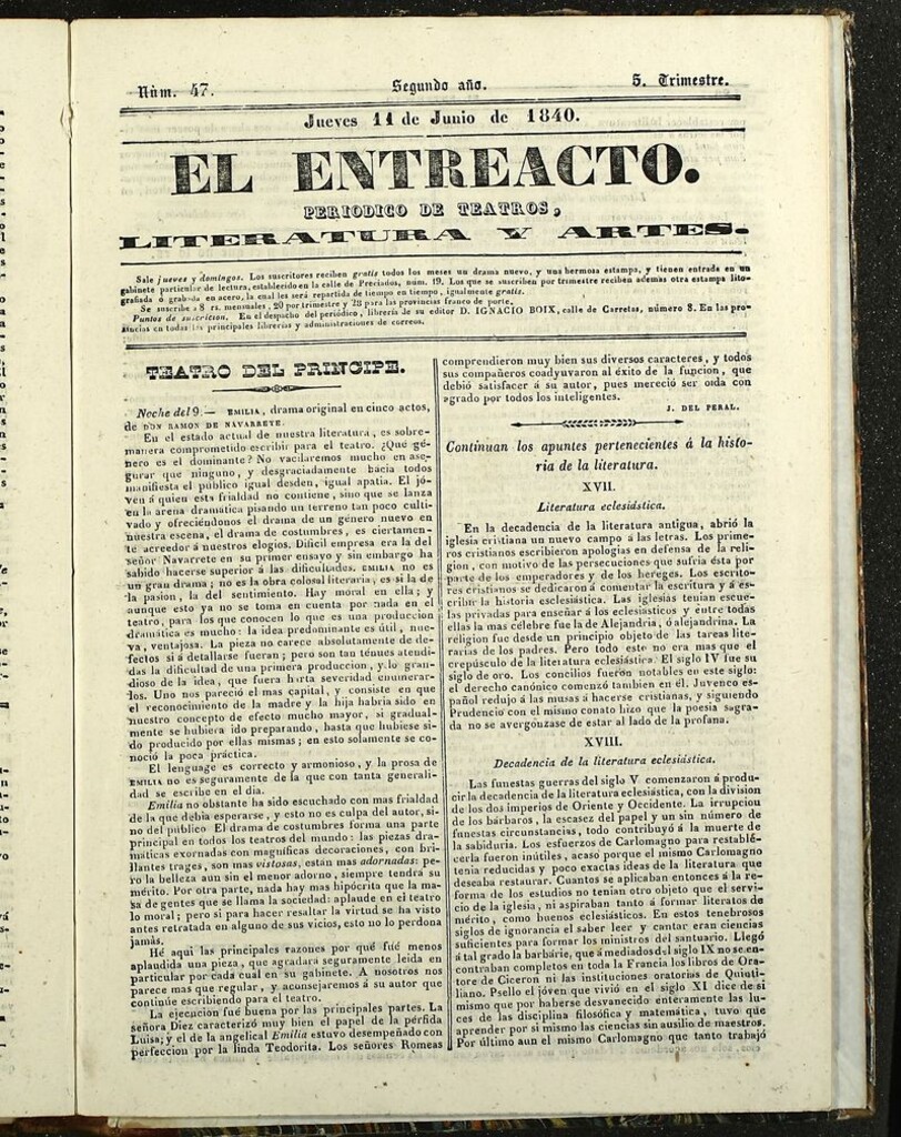 Miniatura de El Entreacto: Periódico de teatro, literatura y artes del 11 de junio de 1840