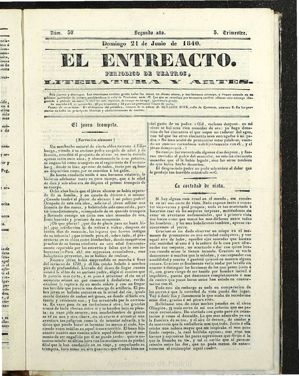 Miniatura de El Entreacto: Periódico de teatro, literatura y artes del 21 de junio de 1840