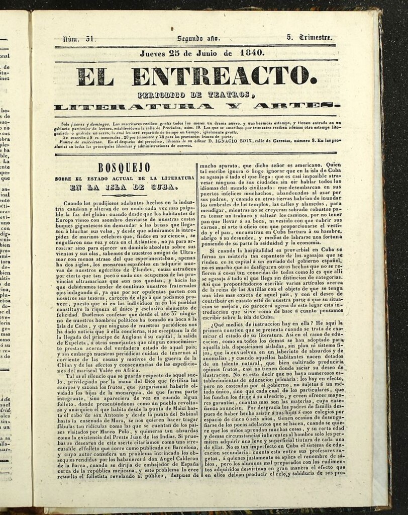Miniatura de El Entreacto: Periódico de teatro, literatura y artes del 25 de junio de 1840