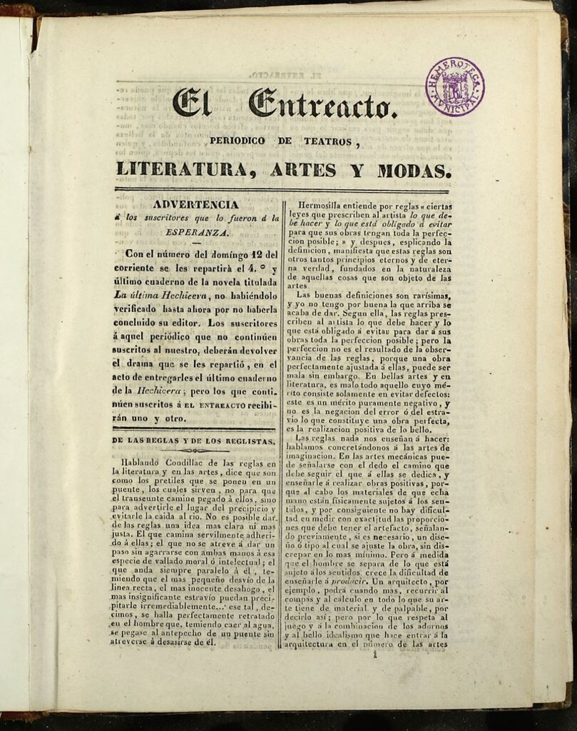 Miniatura de El Entreacto: Periódico de teatro, literatura y artes de 1840, nº 1
