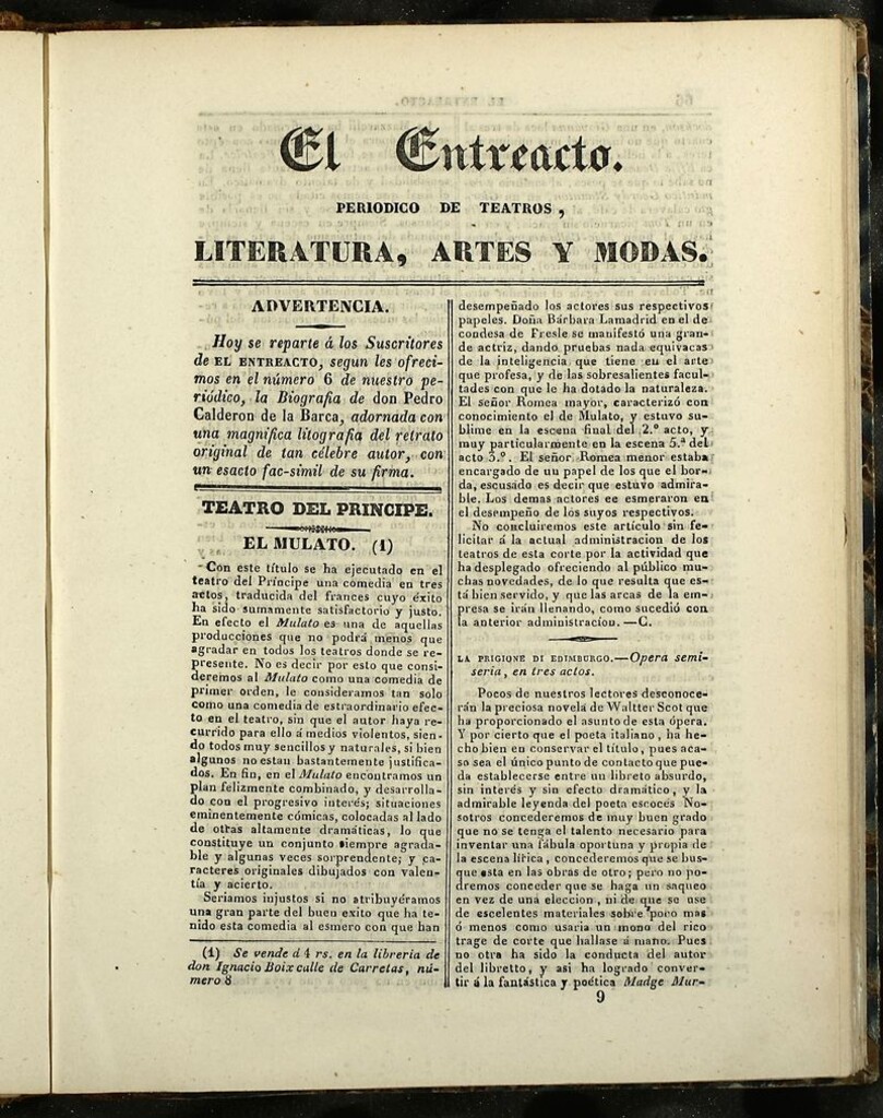 Miniatura de El Entreacto: Periódico de teatro, literatura y artes de 1840, nº 9
