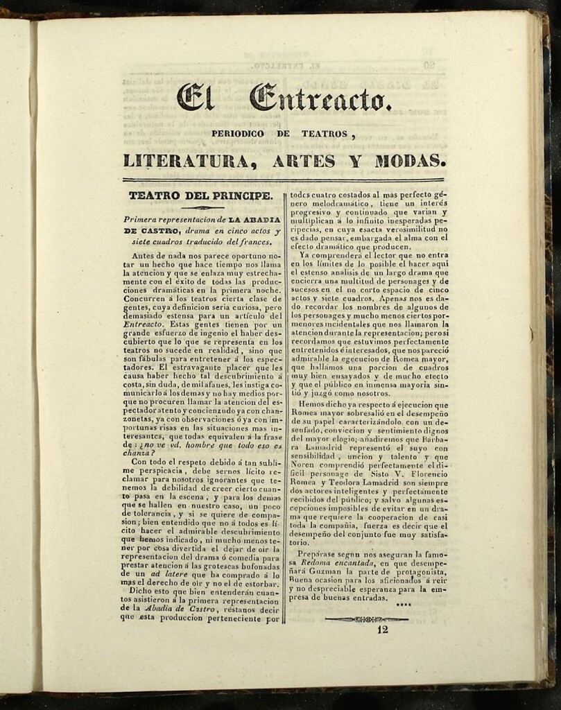Miniatura de El Entreacto: Periódico de teatro, literatura y artes de 1840, nº 12