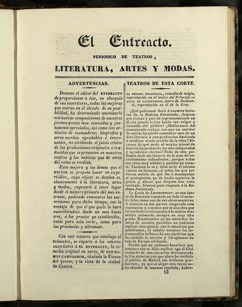 Miniatura de El Entreacto: Periódico de teatro, literatura y artes de 1840, nº 13