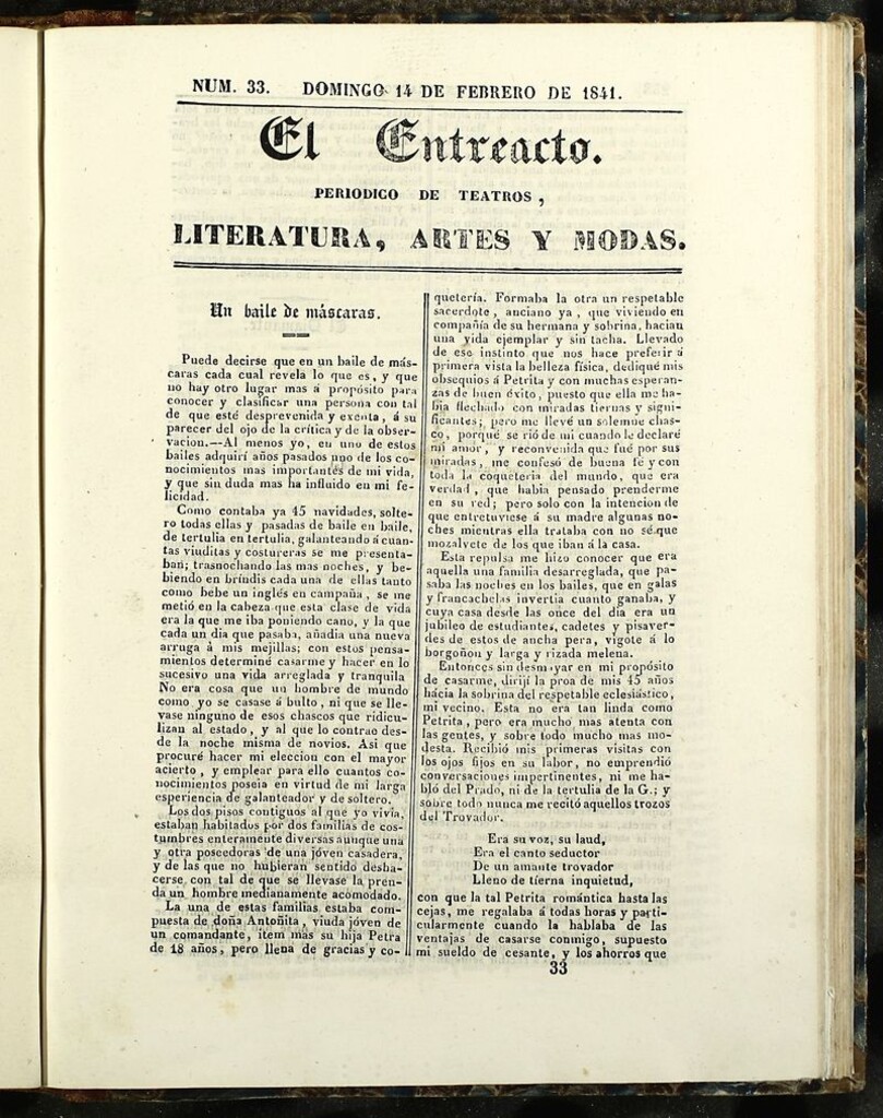 Miniatura de El Entreacto: Periódico de teatro, literatura y artes del 14 de febrero 1841