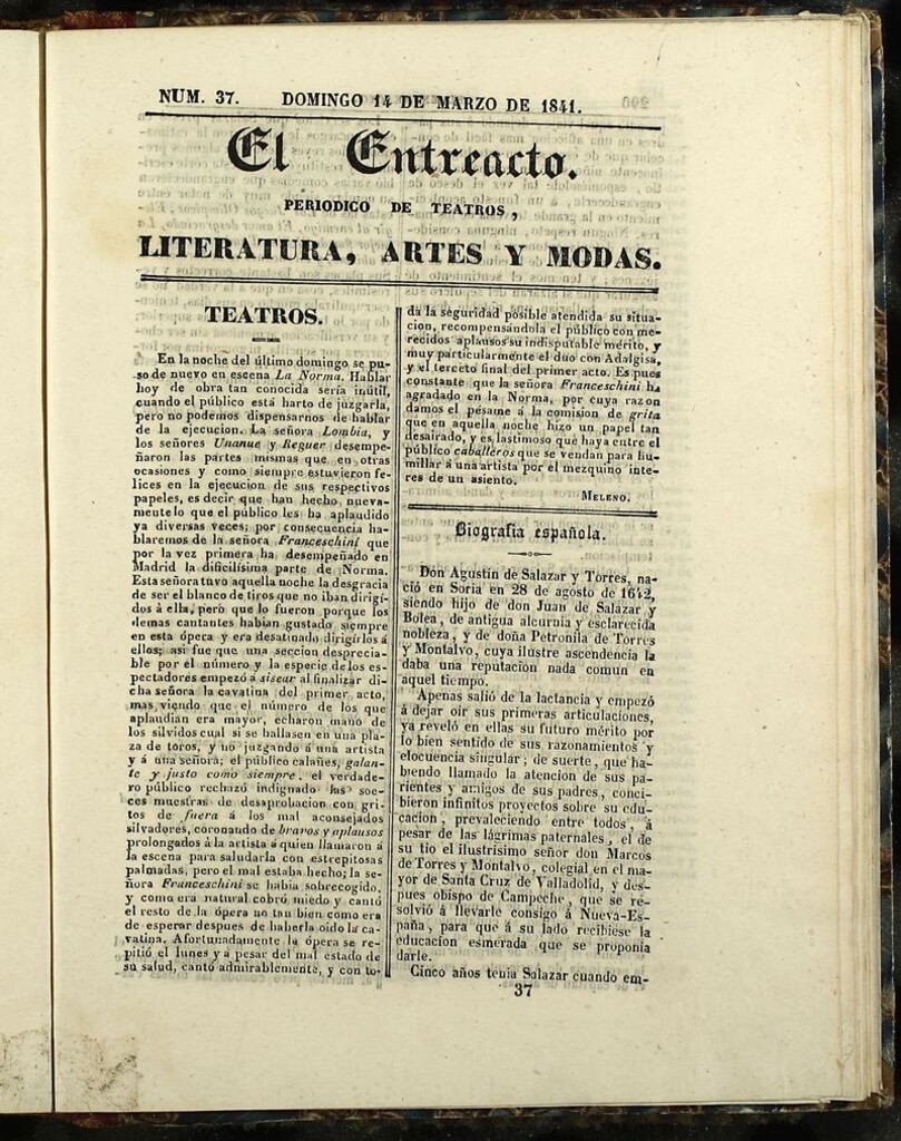 Miniatura de El Entreacto: Periódico de teatro, literatura y artes del 14 de marzo 1841