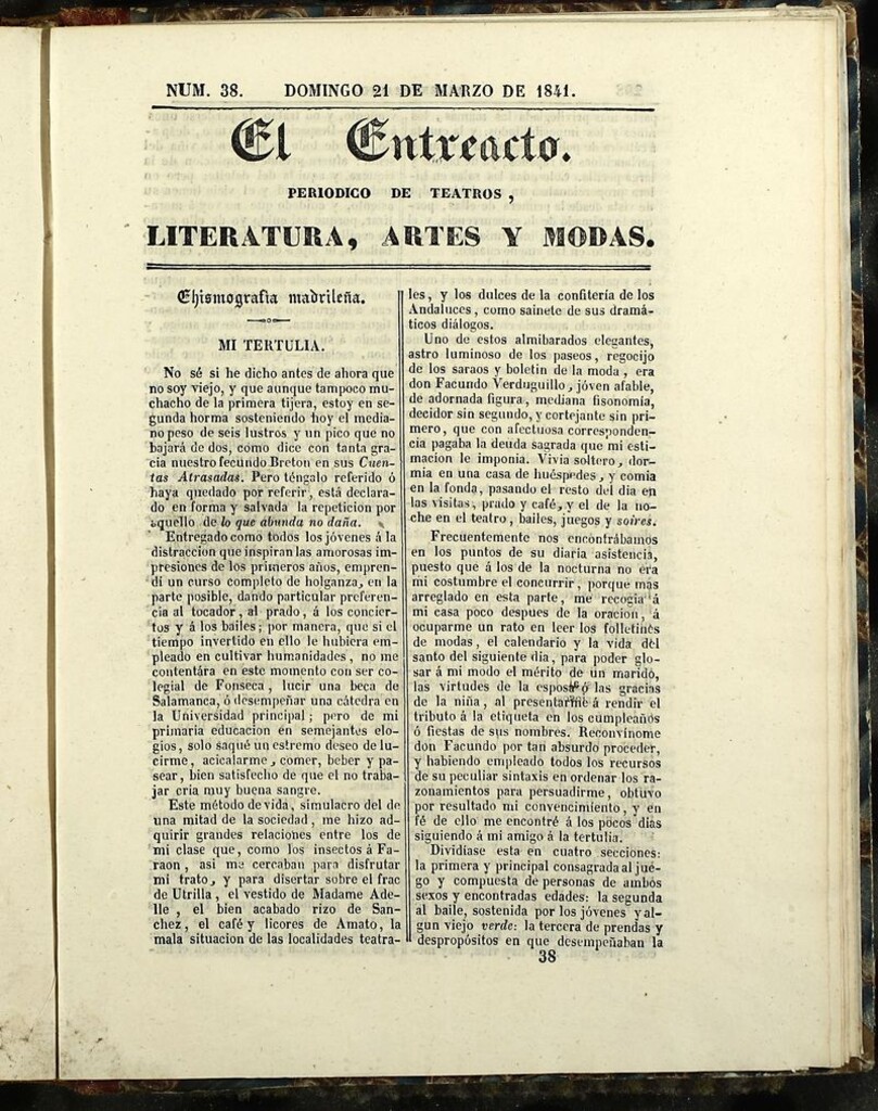 Miniatura de El Entreacto: Periódico de teatro, literatura y artes del 21 de marzo 1841
