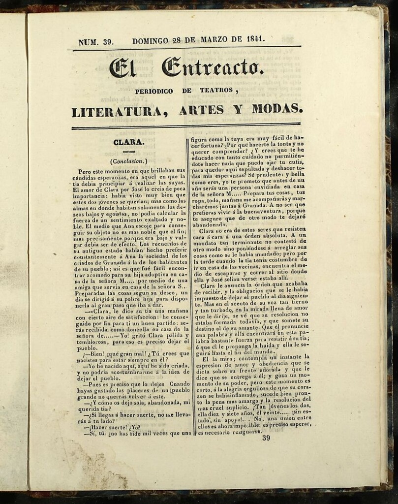 Miniatura de El Entreacto: Periódico de teatro, literatura y artes del 28 de marzo 1841