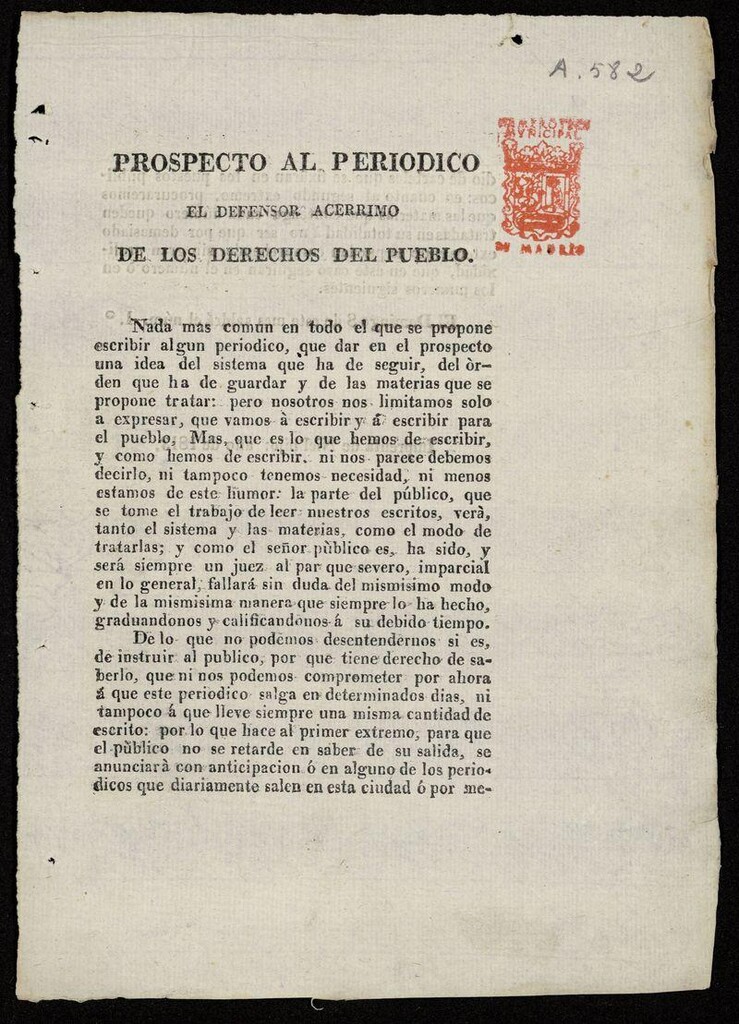 Miniatura de Prospecto al periodico El Defensor Acérrimo de los Derechos del Pueblo