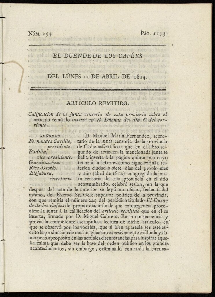 Miniatura de El duende de los cafées [sic] del lunes 11 de abril de 1814