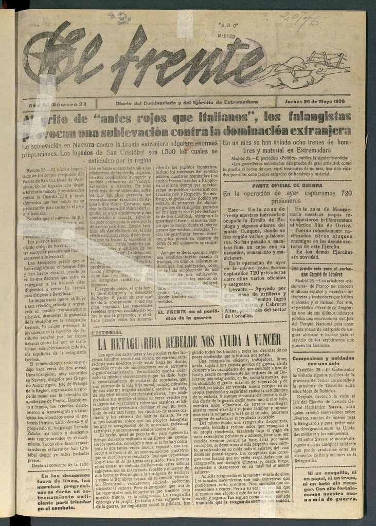 Miniatura de El Frente: diario del Ejército de Extremadura del 26 de mayo de 1938